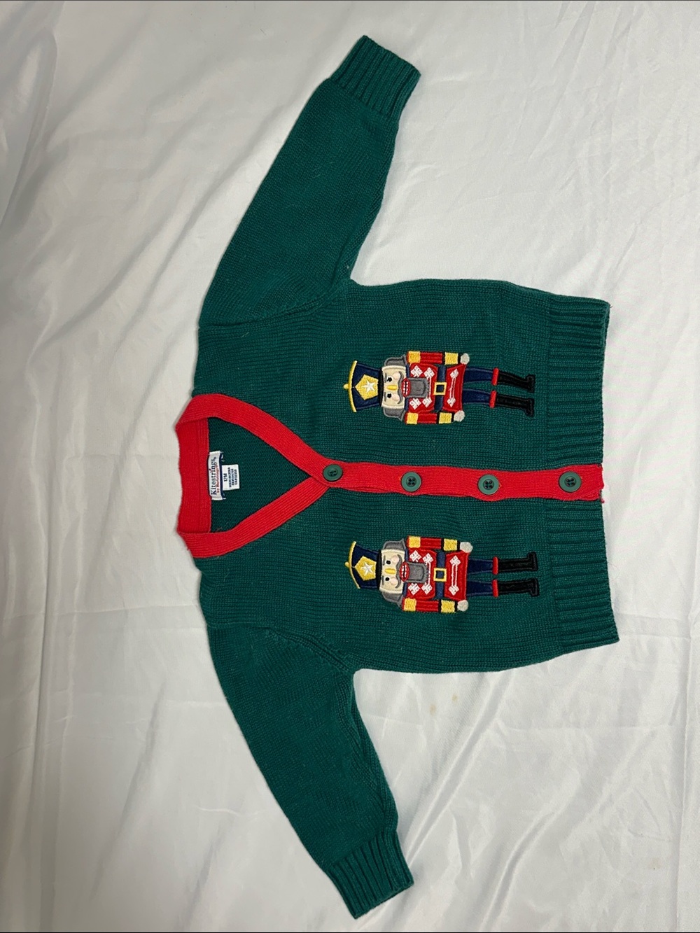 Hartstrings Kitestrings Baby Knit Cardigan in Green with Red Trim